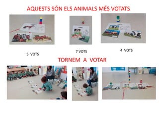 AQUESTS SÓN ELS ANIMALS MÉS VOTATS
7 VOTS 4 VOTS
TORNEM A VOTAR
5 VOTS
 