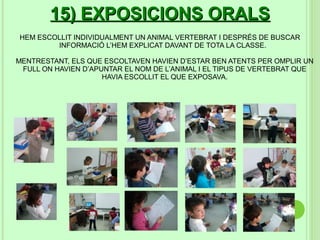 15) EXPOSICIONS ORALS
HEM ESCOLLIT INDIVIDUALMENT UN ANIMAL VERTEBRAT I DESPRÉS DE BUSCAR
        INFORMACIÓ L’HEM EXPLICAT DAVANT DE TOTA LA CLASSE.

MENTRESTANT, ELS QUE ESCOLTAVEN HAVIEN D’ESTAR BEN ATENTS PER OMPLIR UN
 FULL ON HAVIEN D’APUNTAR EL NOM DE L’ANIMAL I EL TIPUS DE VERTEBRAT QUE
                     HAVIA ESCOLLIT EL QUE EXPOSAVA.
 
