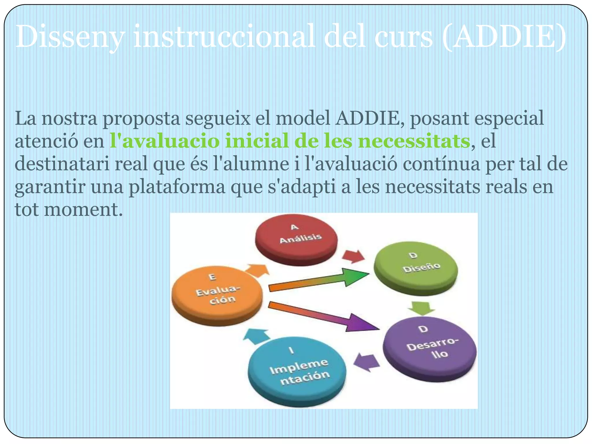 Disseny instruccional del curs (ADDIE)

La nostra proposta segueix el model ADDIE, posant especial
atenció en l'avaluacio inicial de les necessitats, el
destinatari real que és l'alumne i l'avaluació contínua per tal de
garantir una plataforma que s'adapti a les necessitats reals en
tot moment.
 