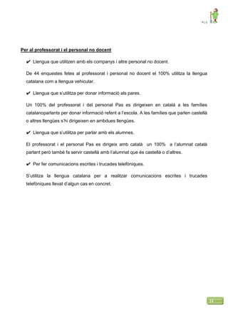 P L C
14
Per al professorat i el personal no docent
✔ Llengua que utilitzen amb els companys i altre personal no docent.
De 44 enquestes fetes al professorat i personal no docent el 100% utilitza la llengua
catalana com a llengua vehicular.
✔ Llengua que s’utilitza per donar informació als pares.
Un 100% del professorat i del personal Pas es dirigeixen en català a les famílies
catalanoparlants per donar informació refent a l’escola. A les famílies que parlen castellà
o altres llengües s’hi dirigeixen en ambdues llengües.
✔ Llengua que s’utilitza per parlar amb els alumnes.
El professorat i el personal Pas es dirigeix amb català un 100% a l’alumnat català
parlant però també fa servir castellà amb l’alumnat que és castellà o d’altres.
✔ Per fer comunicacions escrites i trucades telefòniques.
S’utilitza la llengua catalana per a realitzar comunicacions escrites i trucades
telefòniques llevat d’algun cas en concret.
 