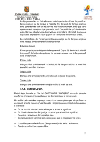 CEIP PUIG D’EN VALLS
     La llengua oral és un dels elements més importants a l’hora de planificar
     l’ensenyament de la llengua a l’escola. Per tot això, la llengua oral no
     serà considerada com un fet que té lloc espontàniament, sinó que serà
     rigorosament planejada i programada, amb l’especificitat pròpia de cada
     edat. Cal que els alumnes desenvolupin amb tota la intensitat les seues
     capacitats expressives i que puguin ser receptors d’informació crítica.

      La metodologia de l’ensenyament/aprenentatge de la llengua anglesa
      està basada principalment en la llengua oral.

      Educació Infantil

      Ensenyança/aprenentatge de la llengua oral. Cap a 6è d’educació infantil
      introducció de lectura i escriptura de paraules encara que la llengua oral
      serà predominant.

      Primer cicle

      Llengua oral principalment i s’introduirà la llengua escrita a nivell de
      paraula i senzilles oracions.

      Segon cicle.

      Llengua oral principalment i a nivell escrit redacció d’oracions.

      Tercer cicle

      Llengua oral principalment i llengua escrita a nivell de text.

      7.A.3.- METODOLOGIA.

Metodologia basada en l’ús del CARETAKER LANGUAGE, és a dir, descriu
una forma d’emprar el llenguatge per tal de maximitzar la comprensió.

Un anàlisi del caretaker language proporciona certes pistes per als professors
en relació amb la manera d’usar l’anglès i proporciona un model de llenguatge
a la classe:
—   Ús de suports visuals i altres eines per a aclarir el significat.
—   Ús d’un to de veu i un llenguatge corporal que aclareixi el significat.
—   Repetició i aclariment del missatge clau.
—   Comprovació del significat per a assegurar que el missatge s’ha entès.

— Locució expressada de forma (lleugerament) més lenta i amb esma.
— Oracions curtes i ben construïdes.


                                                                              11
 