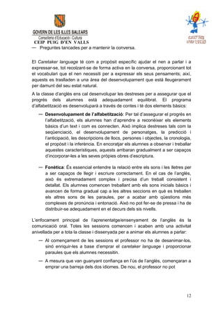 CEIP PUIG D’EN VALLS
— Preguntes tancades per a mantenir la conversa.


El Caretaker language té com a propòsit específic ajudar el nen a parlar i a
expressar-se, tot recolzant-se de forma activa en la conversa, proporcionant tot
el vocabulari que el nen necessiti per a expressar els seus pensaments; així,
aquests es traslladen a una àrea del desenvolupament que està lleugerament
per damunt del seu estat natural.
A la classe d’anglès ens cal desenvolupar les destreses per a assegurar que el
progrés dels alumnes està adequadament equilibrat. El programa
d’alfabetització es desenvoluparà a través de contes i té dos elements bàsics:
   — Desenvolupament de l’alfabetització: Per tal d’assegurar el progrés en
     l’alfabetització, els alumnes han d’aprendre a reconèixer els elements
     bàsics d’un text i com es connecten. Això implica destreses tals com la
     seqüenciació, el desenvolupament de personatges, la predicció i
     l’anticipació, les descripcions de llocs, persones i objectes, la cronologia,
     el propòsit i la inferència. En encoratjar els alumnes a observar i treballar
     aquestes característiques, aquests arribaran gradualment a ser capaços
     d’incorporar-les a les seves pròpies obres d’escriptura.

   — Fonètica: És essencial entendre la relació entre els sons i les lletres per
     a ser capaços de llegir i escriure correctament. En el cas de l’anglès,
     això és extremadament complex i precisa d’un treball consistent i
     detallat. Els alumnes comencen treballant amb els sons inicials bàsics i
     avancen de forma gradual cap a les altres seccions en què es treballen
     els altres sons de les paraules, per a acabar amb qüestions més
     complexes de pronúncia i entonació. Això no pot fer-se de pressa i ha de
     distribuir-se adequadament en el decurs dels sis nivells.

L’enfocament principal de l’aprenentatge/ensenyament de l’anglès és la
comunicació oral. Totes les sessions comencen i acaben amb una activitat
anivellada per a tota la classe i dissenyada per a animar els alumnes a parlar:
   — Al començament de les sessions el professor no ha de desanimar-los,
     sinó enriquir-les a base d’emprar el caretaker language i proporcionar
     paraules que els alumnes necessitin.
   — A mesura que van guanyant confiança en l’ús de l’anglès, començaran a
     emprar una barreja dels dos idiomes. De nou, el professor no pot




                                                                               12
 