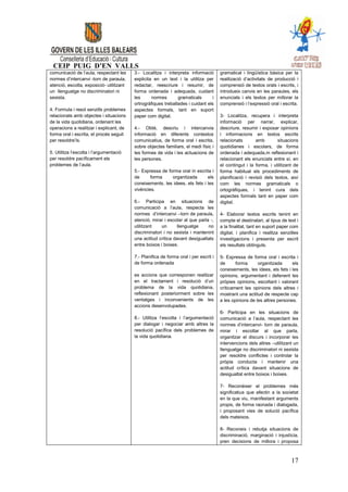 CEIP PUIG D’EN VALLS
comunicació de l’aula, respectant les     3.- Localitza i interpreta informació        gramatical i lingüística bàsica per la
normes d’intercanvi -torn de paraula,     explicita en un text i la utilitza per       realització d’activitats de producció i
atenció, escolta, exposició- utilitzant   redactar, reescriure i resumir, de           comprensió de textos orals i escrits, i
un llenguatge no discriminatori ni        forma ordenada i adequada, cuidant           introdueix canvis en les paraules, els
sexista.                                  les      normes       gramaticals       i    enunciats i els textos per millorar la
                                          ortrogràfiques treballades i cuidant els     comprensió i l’expressió oral i escrita.
4. Formula i resol senzills problemes     aspectes formals, tant en suport
relacionats amb objectes i situacions     paper com digital.                           3- Localitza, recupera i interpreta
de la vida quotidiana, ordenant les                                                    informació per narrar, explicar,
operacions a realitzar i explicant, de    4.- Obté, descriu i intercanvia              descriure, resumir i exposar opinions
forma oral i escrita, el procés seguit    informació en diferents contextos            i informacions en textos escrits
per resoldre’ls.                          comunicatius, de forma oral i escrita,       relacionats       amb        situacions
                                          sobre objectes familiars, el medi físic i    quotidianes i escolars, de forma
5. Utilitza l’escolta i l’argumentació    les formes de vida i les actuacions de       ordenada i adequada,m reflexionant i
per resoldre pacíficament els             les persones.                                relacionant els enunciats entre sí, en
problemes de l’aula.                                                                   el contingut i la forma, i utilitzant de
                                          5.- Expressa de forma oral in escrita i      forma habitual els procediments de
                                          de      forma     organitzada       els      planificació i revisió dels textos, així
                                          coneixements, les idees, els fets i les      com les normes gramaticals o
                                          vivències.                                   ortogràfiques, i tenint cura dels
                                                                                       aspectes formals tant en paper com
                                          6.- Participa en situacions de               digital.
                                          comunicació a l’aula, respecta les
                                          normes d’intercanvi –torn de paraula,        4- Elaborar textos escrits tenint en
                                          atenció, mirar i escolar al que parla -,     compte el destinatari, al tipus de text i
                                          utilitzant    un     llenguatge      no      a la finalitat, tant en suport paper com
                                          discriminatori i no sexista i mantenint      digital, i planifica i realitza senzilles
                                          una actitud crítica davant desigualtats      investigacions i presenta per escrit
                                          entre boixos i boixes.                       els resultats obtinguts.

                                          7.- Planifica de forma oral i per escrit i   5- Expressa de forma oral i escrita i
                                          de forma ordenada                            de      forma      organitzada      els
                                                                                       coneixements, les idees, els fets i les
                                          es accions que corresponen realitzar         opinions, argumentant i defenent les
                                          en el tractament i resolució d’un            pròpies opinions, escoltant i valorant
                                          problema de la vida quotidiana,              críticament les opinions dels altres i
                                          reflexionant posteriorment sobre les         mostrant una actitud de respecte cap
                                          ventatges i inconvenients de les             a les opinions de les altres persones.
                                          accions desenvolupades.
                                                                                       6- Participa en les situacions de
                                          8.- Utilitza l’escolta i l’argumentació      comunicació a l’aula, respectant les
                                          per dialogar i negociar amb altres la        normes d’intercanvi- torn de paraula,
                                          resolució pacífica dels problemes de         mirar i escoltar al que parla,
                                          la vida quotidiana.                          organitzar el discurs i incorporar les
                                                                                       intervencions dels altres –utilitzant un
                                                                                       llenguatge no discriminatori ni sexista
                                                                                       per resoldre conflictes i controlar la
                                                                                       pròpia conducta i mantenir una
                                                                                       actitud crítica davant situacions de
                                                                                       desigualtat entre boixos i boixes.

                                                                                       7- Reconèixer el problemes més
                                                                                       significatius que afectin a la societat
                                                                                       en la que viu, manifestant arguments
                                                                                       propis, de forma raonada i dialogada,
                                                                                       i proposant vies de solució pacífica
                                                                                       dels mateixos.

                                                                                       8- Reconeix i rebutja situacions de
                                                                                       discriminació, marginació i injustícia,
                                                                                       pren decisions de millora i proposa



                                                                                                                            17
 