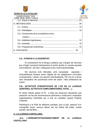 CEIP PUIG D’EN VALLS
    4.3.- Suport a l'alumnat ............................................................................. 27
5.- METODOLOGIA. ........................................................................................ 34
      5.1.- Criteris. ............................................................................................. 10
      5.2.- Estratègies. ....................................................................................... 10
      5.3.- Components de la competència comu
              nicativa.............................................
      5.4.- Habilitats lingüístiques. ..................................................................... 12
      5.5.- Activitats. .......................................................................................... 10
      5.6.- Proposta del nivell llindar. ................................................................. 10
6.- AVALUACIÓ.......................................................................................        34



         5.C.- ATENCIÓ A LA DIVERSITAT.

               El coneixement de la llengua catalana que s’exigirà als alumnes
         que s’hagin incorporat tardanament al centre tendrà en compte aquesta
         circumstància i, per tant, s’adequarà al seu nivell d’aprenentatge.

                Els alumnes amb dificultats, amb necessitats         especials i
         d’escolarització tardana seran objecte de les adaptacions curriculars
         corresponents i rebran una atenció individualitzada. Per dur-ho a terme
         serà necessària nla coordinació entre els tutors i el/la professor/a de
         suport.

         5.D.- ACTIVITATS D’INCENTIVACIÓ DE L’ÚS DE LA LLENGUA
         (SORTIDES, ACTIVITATS COMPLEMENTÀRIES, PATIS, ...).

         El centre intenta aplicar el PL a totes les situacions educatives que
         presentin i es fan les recomanacions pertinents a institucions i empreses
         organitzadores d’activitats per a que es compleixi aquest Projecte
         Lingüístic.

         Planificació a la PGA de diferents activitats: jocs al pati, selecció d’un
         monogràfic anual, concurs literari per les festes del poble, revista
         escolar, dia del llibre...

6.- LA LLENGUA CASTELLANA.

    .6.A.- L’APRENENTATGE/ENSENYAMENT                                              DE       LA       LLENGUA
CASTELLANA.

                                                                                                                    8
 