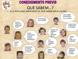 QUÈ SABEM…?
•   A LA ROTLLANA ANEM DIENT EL QUE SABEM DELS LLEONS….
                                                               A MI TAMBÉ
                                                               M’AGRADEN
                                   M’AGRADEN                   ELS LLEONS
                                   ELS LLEONS
        ESTAN
        TANCATS                                                      QUAN PLOU
        DINS UNA                                                     S’AMAGUEN
        PARET                                                        A LA CASA
                                                   CACEN ELS
                                                   ANIMALS
                      QUAN                         PER
                      S’ENFADEN                    MENJAR-
                      FAN UN                       SE’LS               TENEN
                      SOROLL…                                          LES
                      AAARGGG!!!                ELS                    ORELLES
                                                LLEONS                 CURTES
       TENEN
       DOS                                      CORREN
       ULLS                                     POC
                   ES BANYEN
                   A L’AIGUA.                                         TENEN LA
                   HO HE VIST                   TENEN
                                                                      “MELENA”
                   A LA PELI                    PELS
                                                                      SUPER
                                                NEGRES
                                                                      LLARGA
 