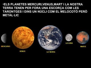 ELS PLANETES MERCURI,VENUS,MART I LA NOSTRA TERRA TENEN PER FORA UNA ESCORÇA COM LES TARONTGES I DINS UN NÚCLI COM EL MELOCOTÓ PERÒ METÀL·LIC 