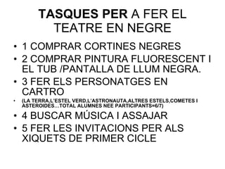 TASQUES PER  A FER EL TEATRE EN NEGRE 1 COMPRAR CORTINES NEGRES 2 COMPRAR PINTURA FLUORESCENT I EL TUB /PANTALLA DE LLUM NEGRA. 3 FER ELS PERSONATGES EN CARTRO (LA TERRA,L’ESTEL VERD,L’ASTRONAUTA,ALTRES ESTELS,COMETES I ASTEROIDES…TOTAL ALUMNES NEE PARTICIPANTS=6/7) 4 BUSCAR MÚSICA I ASSAJAR 5 FER LES INVITACIONS PER ALS XIQUETS DE PRIMER CICLE  