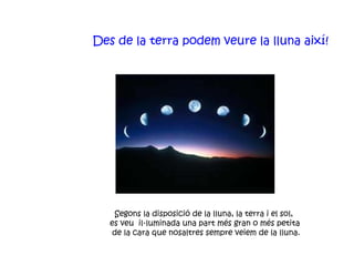 Des de la terra podem veure la lluna així! Segons la disposició de la lluna, la terra i el sol,  es veu  il·luminada una part més gran o més petita de la cara que nosaltres sempre veiem de la lluna. 
