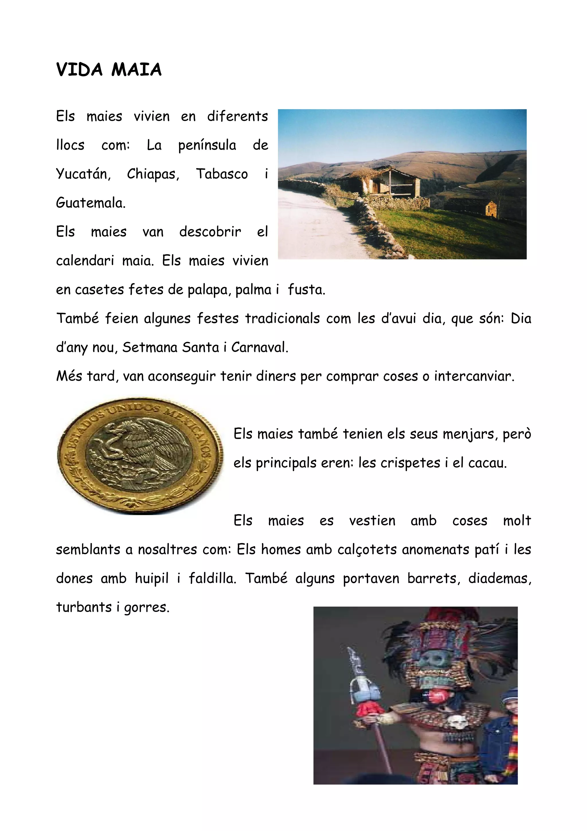 VIDA MAIA

Els maies vivien en diferents

llocs    com:      La   península     de

Yucatán,        Chiapas,   Tabasco     i

Guatemala.

Els     maies     van   descobrir     el

calendari maia. Els maies vivien

en casetes fetes de palapa, palma i fusta.

També feien algunes festes tradicionals com les d’avui dia, que són: Dia

d’any nou, Setmana Santa i Carnaval.

Més tard, van aconseguir tenir diners per comprar coses o intercanviar.



                                Els maies també tenien els seus menjars, però

                                els principals eren: les crispetes i el cacau.



                                Els    maies   es   vestien   amb   coses    molt

semblants a nosaltres com: Els homes amb calçotets anomenats patí i les

dones amb huipil i faldilla. També alguns portaven barrets, diademas,

turbants i gorres.
 