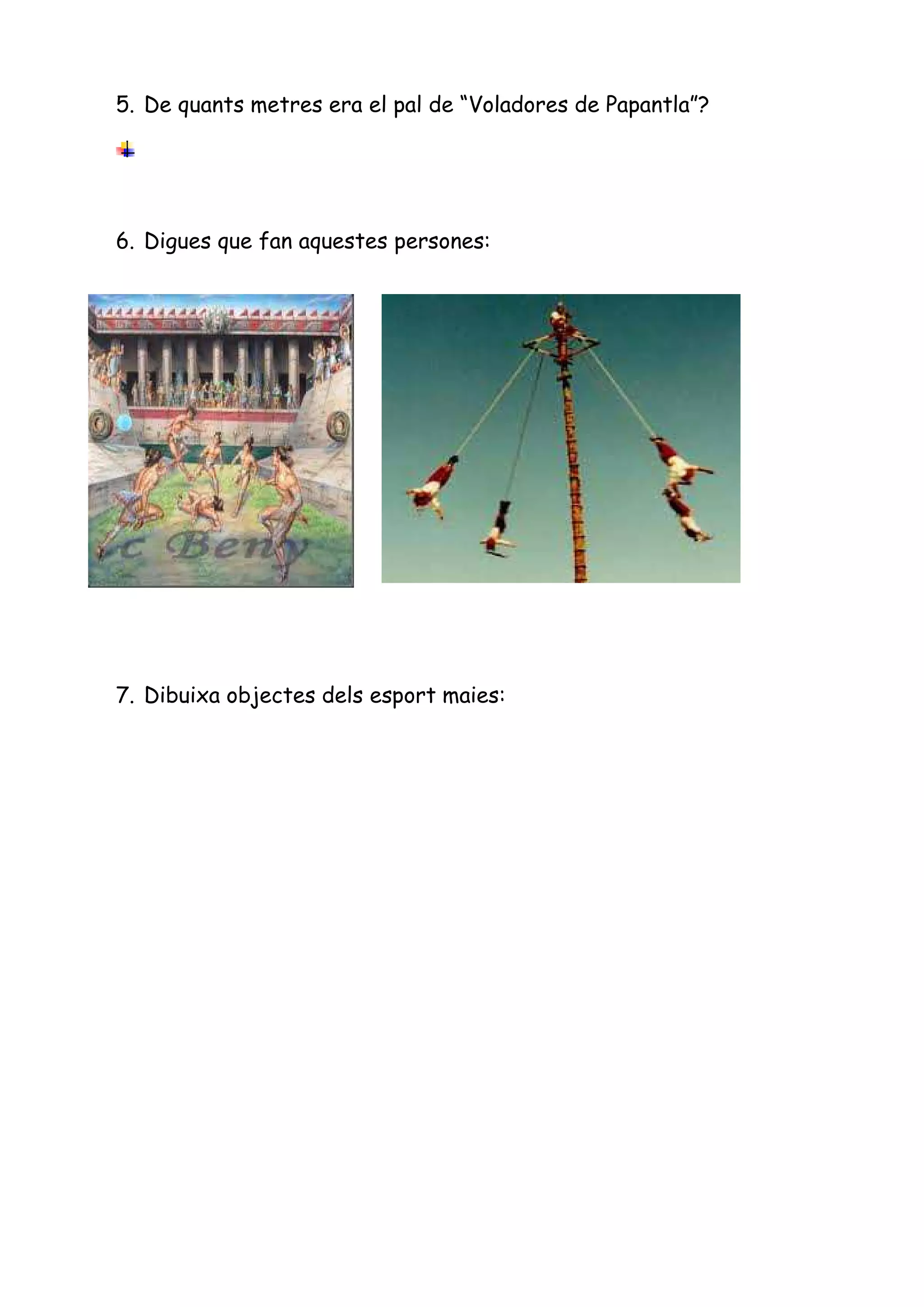 5. De quants metres era el pal de “Voladores de Papantla”?




6. Digues que fan aquestes persones:




7. Dibuixa objectes dels esport maies:
 