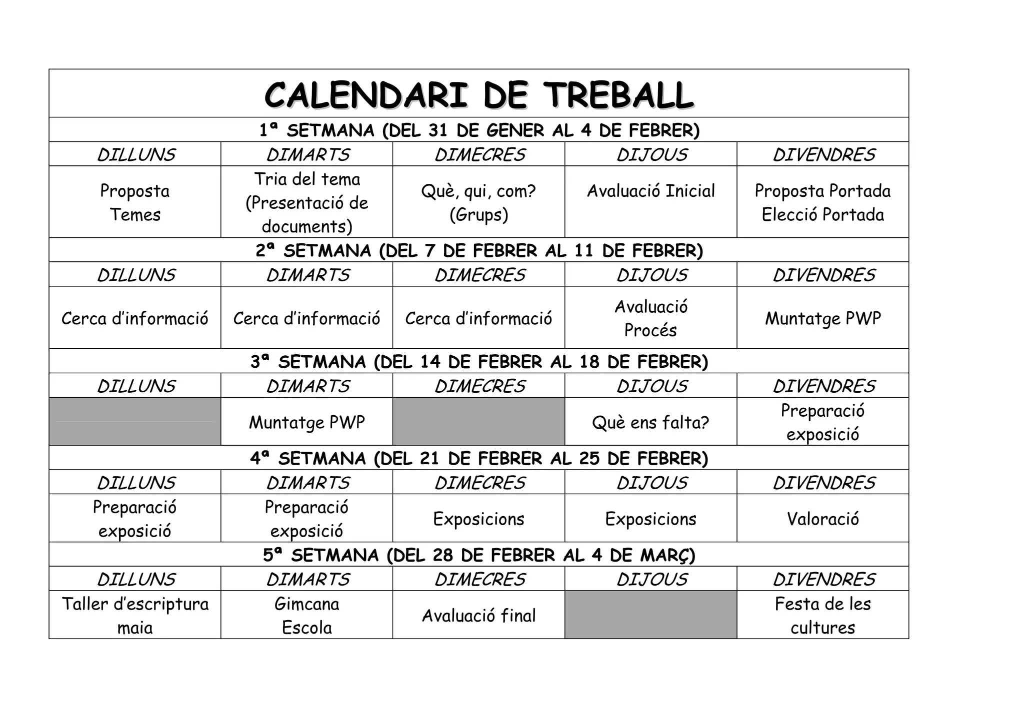 CALENDARI DE TREBALL
                         1ª SETMANA (DEL 31 DE GENER AL 4 DE FEBRER)
    DILLUNS              DIMARTS              DIMECRES            DIJOUS          DIVENDRES
                        Tria del tema
     Proposta                          Què, qui, com?   Avaluació Inicial        Proposta Portada
                       (Presentació de
      Temes                                (Grups)                                Elecció Portada
                         documents)
                        2ª SETMANA (DEL 7 DE FEBRER AL 11 DE FEBRER)
    DILLUNS              DIMARTS              DIMECRES            DIJOUS          DIVENDRES
                                                                  Avaluació
Cerca d’informació    Cerca d’informació   Cerca d’informació                     Muntatge PWP
                                                                   Procés
                        3ª SETMANA (DEL 14 DE FEBRER AL 18 DE FEBRER)
    DILLUNS              DIMARTS              DIMECRES            DIJOUS          DIVENDRES
                                                                                    Preparació
                       Muntatge PWP                             Què ens falta?
                                                                                     exposició
                        4ª SETMANA (DEL 21 DE FEBRER AL 25 DE FEBRER)
    DILLUNS              DIMARTS              DIMECRES            DIJOUS          DIVENDRES
    Preparació           Preparació
                                         Exposicions      Exposicions               Valoració
     exposició            exposició
                         5ª SETMANA (DEL 28 DE FEBRER AL 4 DE MARÇ)
    DILLUNS              DIMARTS              DIMECRES            DIJOUS          DIVENDRES
Taller d’escriptura        Gimcana                                                 Festa de les
                                            Avaluació final
       maia                 Escola                                                   cultures
 