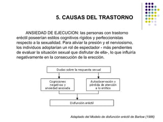 5. CAUSAS DEL TRASTORNO
ANSIEDAD DE EJECUCION: las personas con trastorno
eréctil poseerían estilos cognitivos rígidos y perfeccionistas
respecto a la sexualidad. Para aliviar la presión y el nerviosismo,
los individuos adoptarían un rol de espectador - más pendientes
de evaluar la situación sexual que disfrutar de ella-, lo que influiría
negativamente en la consecución de la erección.

Adaptado del Modelo de disfunción eréctil de Barlow (1986)

 