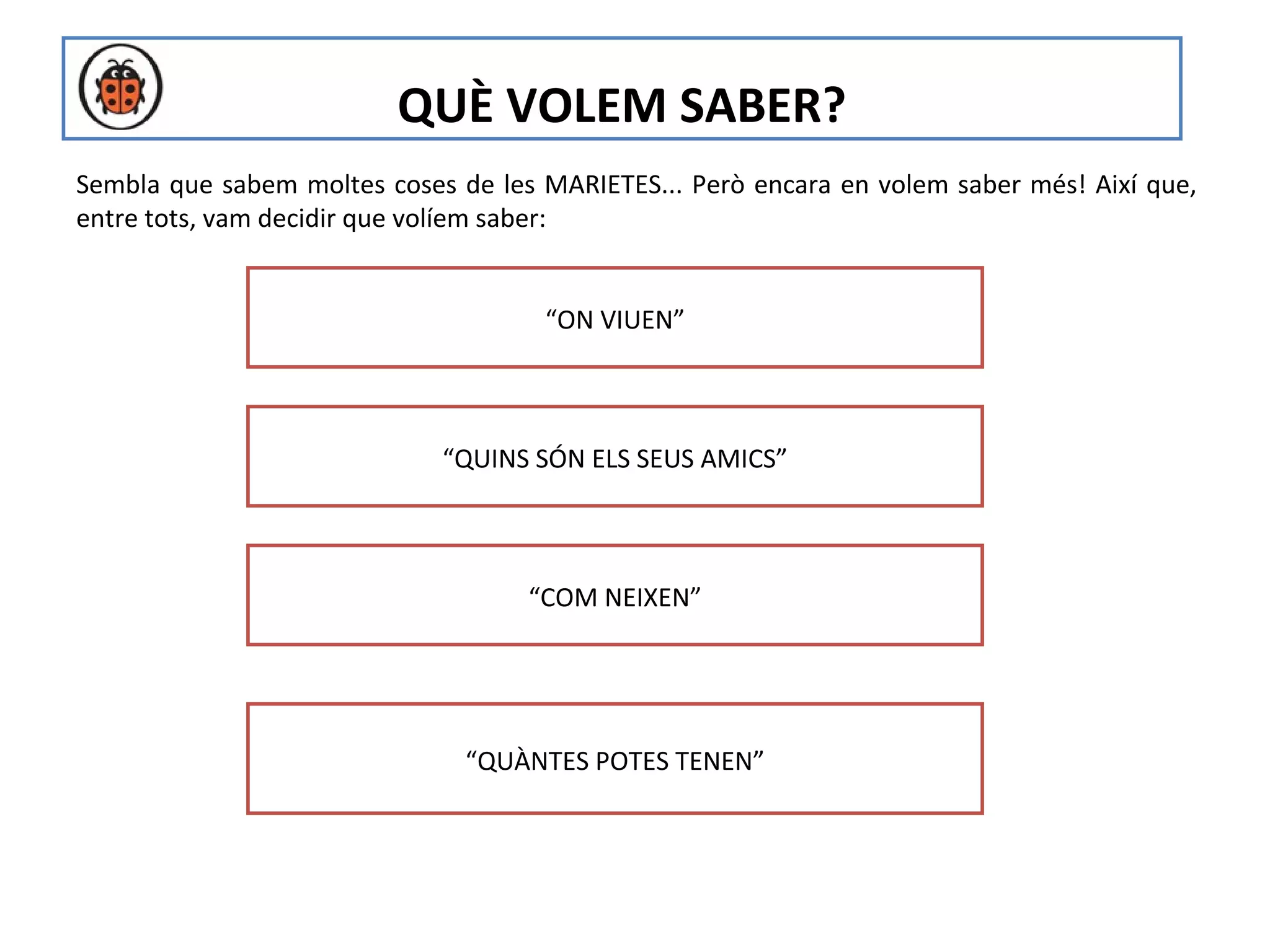 QUÈ VOLEM SABER?
Sembla que sabem moltes coses de les MARIETES... Però encara en volem saber més! Així que,
entre tots, vam decidir que volíem saber:


                                     “ON VIUEN”



                             “QUINS SÓN ELS SEUS AMICS”



                                    “COM NEIXEN”




                               “QUÀNTES POTES TENEN”
 