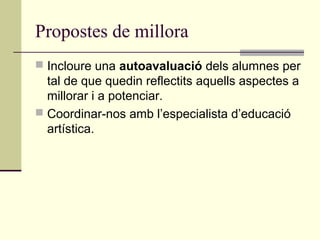 Propostes de millora
 Incloure una autoavaluació dels alumnes per
tal de que quedin reflectits aquells aspectes a
millorar i a potenciar.
 Coordinar-nos amb l’especialista d’educació
artística.
 