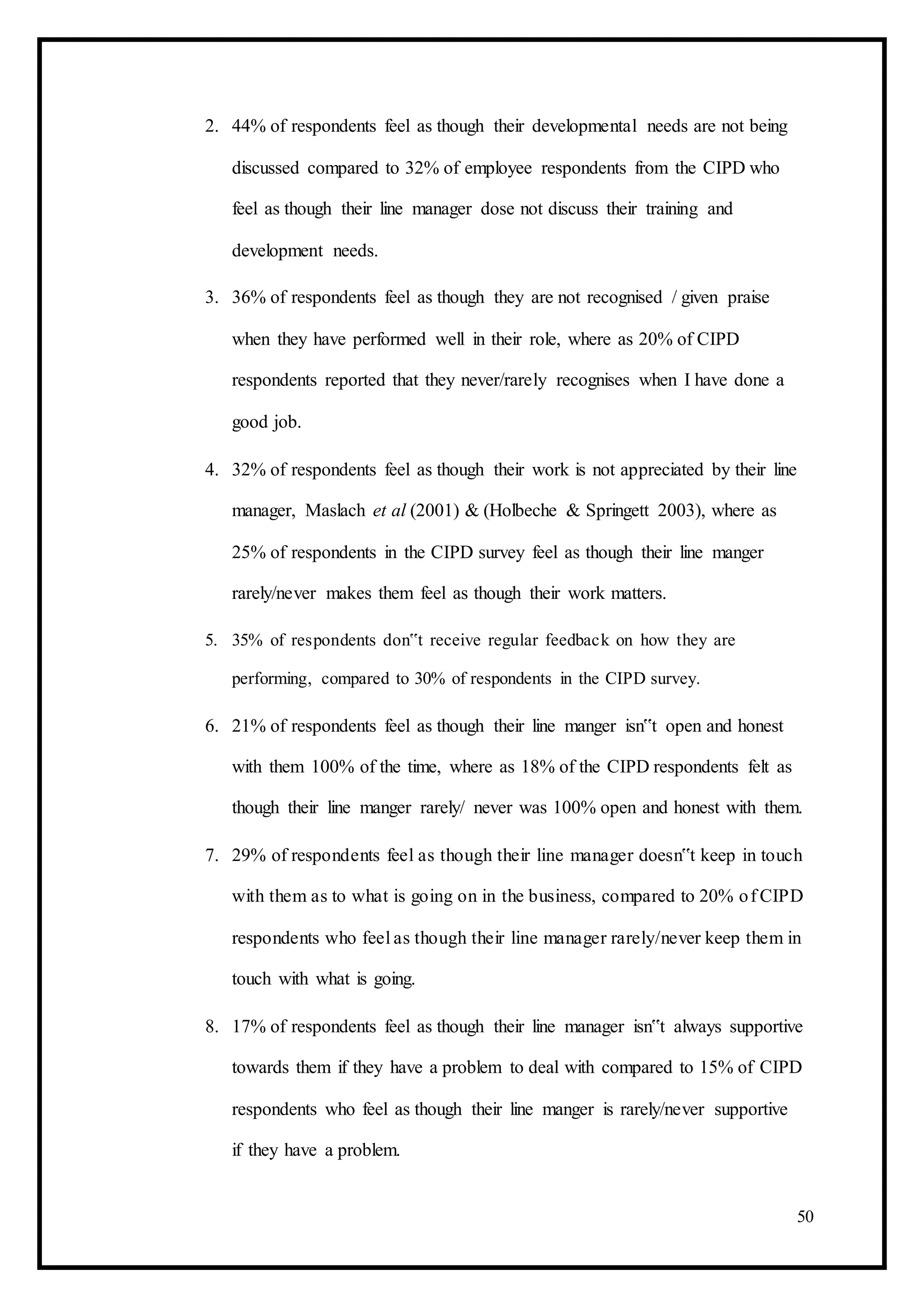2. 44% of respondents feel as though their developmental needs are not being
discussed compared to 32% of employee respondents from the CIPD who
feel as though their line manager dose not discuss their training and
development needs.
3. 36% of respondents feel as though they are not recognised / given praise
when they have performed well in their role, where as 20% of CIPD
respondents reported that they never/rarely recognises when I have done a
good job.
4. 32% of respondents feel as though their work is not appreciated by their line
manager, Maslach et al (2001) & (Holbeche & Springett 2003), where as
25% of respondents in the CIPD survey feel as though their line manger
rarely/never makes them feel as though their work matters.
5. 35% of respondents don‟t receive regular feedback on how they are
performing, compared to 30% of respondents in the CIPD survey.
6. 21% of respondents feel as though their line manger isn‟t open and honest
with them 100% of the time, where as 18% of the CIPD respondents felt as
though their line manger rarely/ never was 100% open and honest with them.
7. 29% of respondents feel as though their line manager doesn‟t keep in touch
with them as to what is going on in the business, compared to 20% of CIPD
respondents who feel as though their line manager rarely/never keep them in
touch with what is going.
8. 17% of respondents feel as though their line manager isn‟t always supportive
towards them if they have a problem to deal with compared to 15% of CIPD
respondents who feel as though their line manger is rarely/never supportive
if they have a problem.
50
 