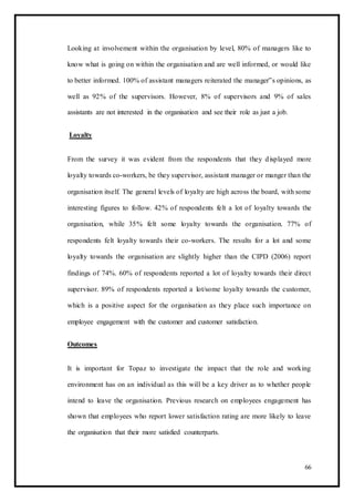 Looking at involvement within the organisation by level, 80% of managers like to
know what is going on within the organisation and are well informed, or would like
to better informed. 100% of assistant managers reiterated the manager‟s opinions, as
well as 92% of the supervisors. However, 8% of supervisors and 9% of sales
assistants are not interested in the organisation and see their role as just a job.
Loyalty
From the survey it was evident from the respondents that they displayed more
loyalty towards co-workers, be they supervisor, assistant manager or manger than the
organisation itself. The general levels of loyalty are high across the board, with some
interesting figures to follow. 42% of respondents felt a lot of loyalty towards the
organisation, while 35% felt some loyalty towards the organisation. 77% of
respondents felt loyalty towards their co-workers. The results for a lot and some
loyalty towards the organisation are slightly higher than the CIPD (2006) report
findings of 74%. 60% of respondents reported a lot of loyalty towards their direct
supervisor. 89% of respondents reported a lot/some loyalty towards the customer,
which is a positive aspect for the organisation as they place such importance on
employee engagement with the customer and customer satisfaction.
Outcomes
It is important for Topaz to investigate the impact that the role and working
environment has on an individual as this will be a key driver as to whether people
intend to leave the organisation. Previous research on employees engagement has
shown that employees who report lower satisfaction rating are more likely to leave
the organisation that their more satisfied counterparts.
66
 