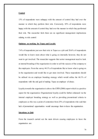 Control
15% of respondents were unhappy with the amount of control they had over the
manner in which they perform their role. Conversely, 85% of respondents were
happy with the amount of control they had over the manner in which they performed
their role. The researcher feels there are no significant management implications
relating to role control.
Opinions on working for Topaz and Loyalty
7.4% of respondents just saw their role in Topaz as a job and 20.6% of respondents
would like to know more about what is going on internally however, they do not
want to get involved. The researcher suggests that senior management need to look
at internal branding of the organisation in order to sell the success of the company to
the employees. From the survey 44.1% of respondents like to know what is going on
in the organisation and would like to get more involved. These respondents should
be utilised via an employer branding strategy which would utilise the 44.1% of
respondents with the end goal of making Topaz an employer of choice.
Loyalty towards the organisation is above the CIPD (2006) report which is a positive
aspect for the organisation. Organisational loyalty could be further enhanced via the
internal employer branding strategy as well as providing promotional criteria to
employees as this was a point of contention from 25% of respondents who said that
lack of promotional opportunities would encourage them to leave the organisation.
Intentions to Quit
From the research carried out the main drivers causing employees to leave the
organisation are:
74
 