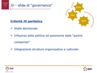 JV - sfide di “governance”



Criticità JV paritetica

 Stallo decisionale

 Influenza della politica ed autonomia dalle “parent

  companies”

 Integrazione strutture organizzative e culturale
 