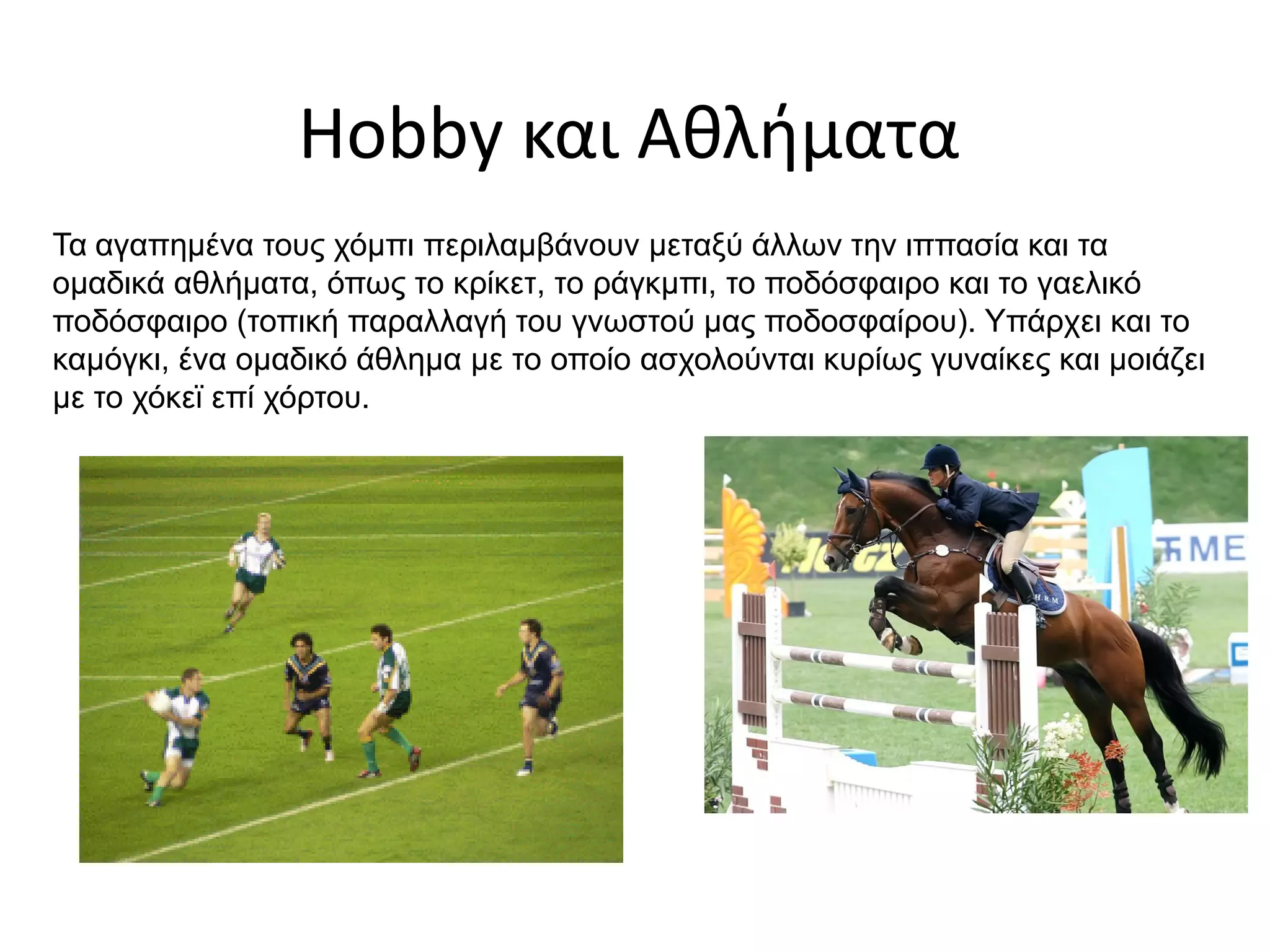 Hobby και Αθλήματα
Τα αγαπημένα τους χόμπι περιλαμβάνουν μεταξύ άλλων την ιππασία και τα
ομαδικά αθλήματα, όπως το κρίκετ, το ράγκμπι, το ποδόσφαιρο και το γαελικό
ποδόσφαιρο (τοπική παραλλαγή του γνωστού μας ποδοσφαίρου). Υπάρχει και το
καμόγκι, ένα ομαδικό άθλημα με το οποίο ασχολούνται κυρίως γυναίκες και μοιάζει
με το χόκεϊ επί χόρτου.
 