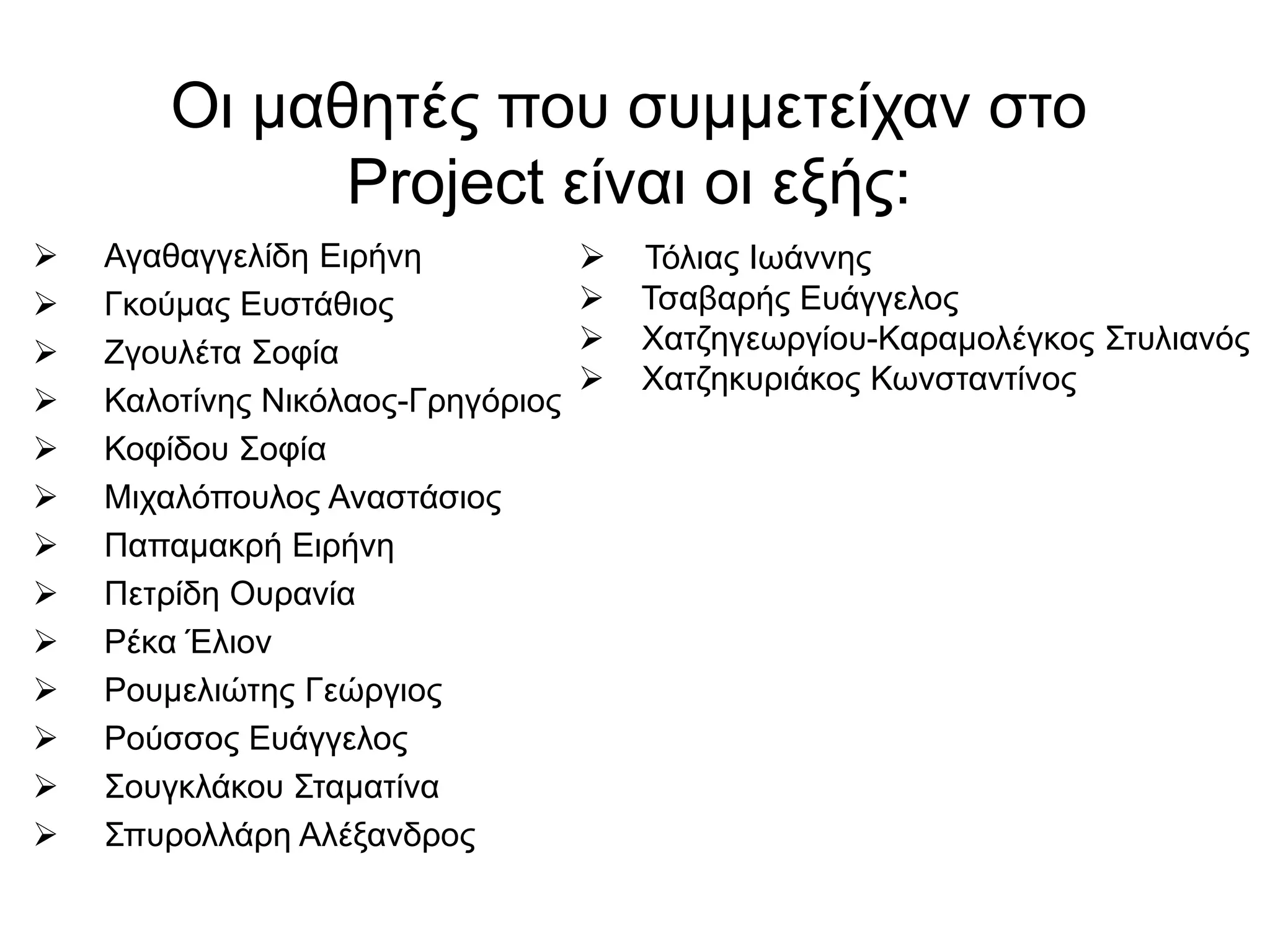 Οι μαθητές που συμμετείχαν στο
Project είναι οι εξής:
 Αγαθαγγελίδη Ειρήνη
 Γκούμας Ευστάθιος
 Ζγουλέτα Σοφία
 Καλοτίνης Νικόλαος-Γρηγόριος
 Κοφίδου Σοφία
 Μιχαλόπουλος Αναστάσιος
 Παπαμακρή Ειρήνη
 Πετρίδη Ουρανία
 Ρέκα Έλιον
 Ρουμελιώτης Γεώργιος
 Ρούσσος Ευάγγελος
 Σουγκλάκου Σταματίνα
 Σπυρολλάρη Αλέξανδρος
 Τόλιας Ιωάννης
 Τσαβαρής Ευάγγελος
 Χατζηγεωργίου-Καραμολέγκος Στυλιανός
 Χατζηκυριάκος Κωνσταντίνος
 