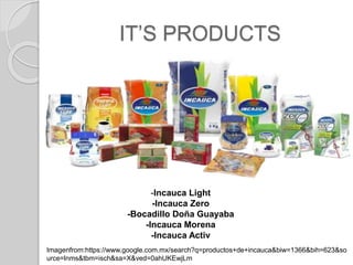 ITS PRODUCTS
-Incauca Light
-Incauca Zero
-Bocadillo Do?a Guayaba
-Incauca Morena
-Incauca Activ
Imagenfrom:https://www.google.com.mx/search?q=productos+de+incauca&biw=1366&bih=623&so
urce=lnms&tbm=isch&sa=X&ved=0ahUKEwjLm
 