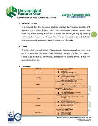 Balneario Hurtado Vía a Patillal. PBX (57) (5) 5736203 EXT. 1020
Valledupar Cesar Colombia
www.unicesar.edu.co
VICERRECTORÌA DE INVESTIGACIÒN Y EXTENSIÒN
4
6. Expected results
It is required that the preschool students improve their English, practice and
reinforce the themes worked from their conventional English classes, but
especially enjoy learning English in a funny and meaningful way by creating
environments, dialogues and characters in a communicative context that can
only be generated by the work through drama and role plays.
7. Costs
Project costs focus on the cost of the materials that dramas and role plays carry
out such as scripts, elements of the scenarios: decoration, lighting and electric
sound, also costumes, advertising, transportation, among others. It has not
been determined yet.
8. Timetable
 