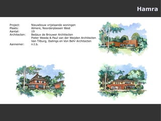 Hamra Project:  Nieuwbouw vrijstaande woningen Plaats:  Almere, Noorderplassen West Aantal:  19 Architecten:  Bedaux de Brouwer Architecten Pieter Weeda & Paul van der Weijden Architecten Van Tilburg, Ibelings en Von Behr Architecten Aannemer:  n.t.b. 