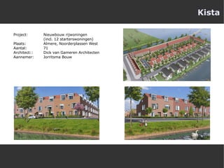 Kista Project:  Nieuwbouw rijwoningen  (incl. 12 starterswoningen) Plaats:  Almere, Noorderplassen West Aantal:  71 Architect::  Dick van Gameren Architecten Aannemer:  Jorritsma Bouw 