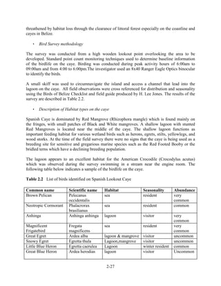 threathened by habitat loss through the clearance of littoral forest especially on the coastline and 
cayes in Belize. 
2-27 
 Bird Survey methodology 
The survey was conducted from a high wooden lookout point overlooking the area to be 
developed. Standard point count monitoring techniques used to determine baseline information 
of the birdlife on the caye. Birding was conducted during peak activity hours of 6:00am to 
09:00am and from 4:00 to 6:00pm.The investigator used an 8x40 Ranger Eagle Optics binocular 
to identify the birds. 
A small skiff was used to circumnavigate the island and access a channel that lead into the 
lagoon on the caye. All field observations were cross referenced for distribution and seasonality 
using the Birds of Belize Checklist and field guide produced by H. Lee Jones. The results of the 
survey are described in Table 2.2. 
 Description of Habitat types on the caye 
Spanish Caye is dominated by Red Mangrove (Rhizophora mangle) which is found mainly on 
the fringes, with small patches of Black and White mangroves. A shallow lagoon with stunted 
Red Mangroves is located near the middle of the caye. The shallow lagoon functions as 
important feeding habitat for various wetland birds such as herons, egrets, stilts, yellowlegs, and 
wood storks. At the time of the field survey there were no signs that the caye is being used as a 
breeding site for sensitive and gregarious marine species such as the Red Footed Booby or the 
bridled terns which have a declining breeding population. 
The lagoon appears to an excellent habitat for the American Crocodile (Crocodylus acutus) 
which was observed during the survey swimming in a stream near the engine room. The 
following table below indicates a sample of the birdlife on the caye. 
Table 2.2 List of birds identified on Spanish Lookout Caye 
Common name Scientific name Habitat Seasonality Abundance 
Brown Pelican Pelecanus 
occidentalis 
sea resident very 
common 
Neotropic Cormorant Phalacrorax 
brasilianus 
sea resident common 
Anhinga Anhinga anhinga lagoon visitor very 
common 
Magnificent 
Frigatebird 
Fregata 
magnificens 
sea resident very 
common 
Great Egret Ardea alba lagoon & mangrove visitor uncommon 
Snowy Egret Egretta thula Lagoon,mangrove visitor uncommon 
Little Blue Heron Egretta caerulea Lagoon winter resident common 
Great Blue Heron Ardea herodias lagoon visitor Uncommon 
 
