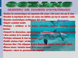 OBJECTIUS DEL PROJECTE D'INVESTIGACIÓ

Conéixer les característiques més importants dels oceans i dels éssers vius que hi viuen
●Descobrir la importància del mar i els oceans com hàbitats que han de respectar i cuidar
●Descriure característiques morfològiques dels peixos
@yolaulaitu
●Adquirir vocabulari temàtic
●Participar i col.laborar en les tasques col.lectives: planificar, organitzar, prendre
decisions
●Compartir les observacions, experimentacions i descobriments amb els companys, famílies
i altres membres de la comunitat educativa
●Participar activament de totes les tasques
●Establir relacions d'ajut i col.laboració
●Expressar idees i fets mitjançant diversos llenguatges: musical, verbal, escrit, digital...
●Mostrar interés i iniciativa davant de les noves tecnologies
●Respectar i valorar les aportacions dels companys
●

 