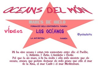 MARES DE HIELO

VÍDEOS

FORMACIÓ DELS CONTINENTS: PANGEA

LOS OCÉANOS
LA ANTÀRTIDA

@yolaulaitu

PANGEA

Hi ha cinc oceans i estan tots connectats entre ells: el Pac ífic,
L´'Atlàntic, l' Àrtic, L'Antàrtic i l'Índic.
Pel que fa als mars, n´hi ha molts i s ón m és xicotets que els
oceans, encara que podem destacar els m és grans que s ón el mar
de la Xina, el mar Carib i el mar Mediterrani.

 