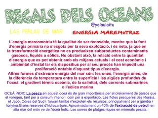 @yolaulaitu
LAS PERLAS DE MAR

ENERGIA MAREMOTRIZ

L'energia mareomotriu té la qualitat de ser renovable, mentre que la font
d’energia primària no s’esgota per la seva explotació, i és neta, ja que en
la transformació energètica no es produeixen subproductes contaminants
gasosos, líquids o sòlids. No obstant això, la relació entre la quantitat
d’energia que es pot obtenir amb els mitjans actuals i el cost econòmic i
ambiental d’instal lar els dispositius per al seu procés han impedit una
proliferació notable d’aquest tipus d’energia.
Altres formes d’extreure energia del mar són: les ones, l’energia ones, de
la diferència de temperatura entre la superfície i les aigües profundes de
l’oceà, el gradient tèrmic oceànic, de la salinitat, dels corrents submarines
o l’eòlica marina
OCEÀ ÍNDIC La pesca en aquest oceà és de gran importància per al creixement de països que
el voregen, tant per a consum interior i com per a exportació. Les flotes pesqueres des Rússia,
el Japó, Corea del Sud i Taiwan també n'exploten els recursos, principalment per a gamba i
tonyina.Grans reserves d'hidrocarburs. Aproximadament un 40% de l'extracció de petroli en
alta mar del món ve de l'oceà Índic. Les sorres de platges riques en minerals pesats.

 