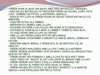 -VÀREM ANAR AL BOSC PER GRUPS AMB UNES MOTXILLES TARONGES.DINS DE LES MOTXILLES HI PORTÀVEM PAPERS DE COLORS, LUPES, POTS LUPA,  CÀMERES DE FOTOS, LLANTERNES, MIRALLS...- DINS EL POT LUPA HI VÀREM POSAR UN “BICHO” SENSE MATAR-LO I EL MIRÀVEM.  - VAIG FER FOTOS ALS ARBRES.- MIRÀVEM ELS ARBRES AMB LA LUPA.- POSÀVEM UN PAPER A LES FULLES PER VEURE SI ES VEIEN ROSA. - POSÀVEM EL PAPER BLAU I GROC A L’ARBRE I TAMBÉ ES VEIA BLAU.- JO VAIG VEURE AMB LA LUPA UN “BICHO”.- AMB LA LUPA VÈIEM COSES PETITES MÉS GRANS.- VAIG TROBAR UN ESPÀRREC I MIRANT-LO AMB EL MIRALL SEMBLAVA UN COR.- MIRÀVEM AMB EL MIRALL I VÈIEM DOS, EL DE MENTIDA I EL DE VERITAT.- VÀREM VEURE PAPALLONES AMB LA LUPA I AMB LA LLANTERNA.VÀREM TROBAR UN ESPÀRREC AIXÍ DE GRAN ( AIXECA ELS BRAÇOS FINS QUE NO POT MÉS ) 