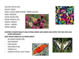 JAN POL: NO DIU RES.
GIULIA: VOLEN.
CARLA: VOLEN AMB UN BEBÉ. TAMBÉ JUGUEN.
ENZO: MENGEN.
LUCAS: NO DIU RES.
KEVIN: ESTAN AL CEL.
DERECK: ABSENT.
LUCIA L.: ABSENT.
RAYAN: ABSENT.
DESPRÉS D’HAVER PARLAT UNA ESTONA SOBRE QUÈ SABEM ARA ENTRE TOTS ENS FEM UNA
ALTRA PREGUNTA:
QUÈ VOLEM SABER DE LES PAPALLONES?
- DE QUINS COLORS SÓN.
- QUÈ MENGEN.
- COM VOLEN.
- VAN RÀPID O NO.
- TENEN FILLS.
- QUANTES POTES I ALES TENEN.
 