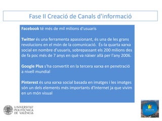 Fase II Creació de Canals d'informació
Facebook té més de mil milions d'usuaris

Twitter és una ferramenta apassionant, és una de les grans
revolucions en el món de la comunicació. És-la quarta xarxa
social en nombre d'usuaris, sobrepassant els 200 milions des
de fa poc més de 7 anys en què va nàixer allà per l'any 2006.
Google Plus s'ha convertit en la tercera xarxa en penetració
a nivell mundial
Pinterest és una xarxa social basada en imatges i les imatges
són un dels elements més importants d'Internet ja que vivim
en un món visual

 