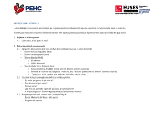 
M
L
A
1
2
METODOLOGIA i A
a metodologia d’en
A continuació expose
. Exploració d’id
1.1. Què li pass
. Estructuració d
2.1. Agrupar le
‐ Sistema
‐ Sistema
‐ Sistema
o
o
‐ Tipus d
o
o
o
2.2. Descobrir e
‐ És ver
‐ Puc de
‐ Per qu
‐ Què m
‐ A mi q
2.3. A vegades
‐ Busca
‐ Pregu
       
ACTIVITATS
senyament aprenen
em la seqüència tem
dees prèvies
sa al cos quan es m
dels coneixements
s idees prèvies dels
a musculo-esquelèt
a cardiorespiratori (
a digestiu (Medi)
Els aliments
Hàbits alimentaris
d’activitat física (Edu
Força, resistència
Intensitat de l’act
Esport, jocs actiu
els nous continguts
ritat que passa el qu
escriure el que pass
uè passa?
més puc aprendre a
què em passa? A to
s per descobrir aque
ar informació als llib
ntar als experts
   
ntatge que es propo
mporal d’activitats a
mou?
s
s nens a la llum dels
tic (Medi)
(Medi)
s
ucació física)
a, flexibilitat (relació
ivitat física (vigoros
us, caminar, anar am
s vinculant-los a les
ue hem dit?
sa?
part del que sabia
othom li passa el ma
ests nous continguts
res o a les xarxes
osa pel desenvolupa
amb algunes propos
s continguts nous q
ó amb els diferents s
a, moderada, lleu) i
mb bicicleta, ballar,
idees prèvies.
a al començament?
ateix i de la mateixa
s haig de:
ament d’aquesta ex
stes per tal que el p
que es volen transm
sistemes corporals)
i descans (relació a
saltar a corda,....
a manera?
 
xperiència és l’apren
professorat les ajust
metre
)
amb els diferents sis
          
nentatge basat en p
ti a la realitat del gru
stemes corporals)
projectes.
up classe.
 
 