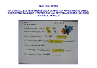 QUÈ HEM APRÈS

EN GENERAL, ELS NENS I NENES DE LA CLASSE HAN APRÈS MOLTES COSES.
PARTICIPEU I GAUDIU DE L’ESFORÇ QUE HAN FET PER APRENDRE I VALOREU
                          ELS SEUS TREBALLS
 