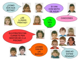 CANCIONES
¿COMO
SON SUS
BOTAS?
¿SE
LLAMAN
PIRATAS?
SI VAN
CON MOTO
DE AGUA
¿TE-
NEN
UN
GOS?
ELS PIRATES FAN
CURSETS PER
BANYAR-SE A LA
PISCINA?
ENS HO
ESTEM
PENSANT
¿COMO
VAN EN
UN
BARCO?
 