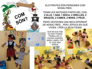 COM
SÓN?
ELS PIRATES SÓN PERSONES COM
NOSALTRES.
TENIM LES MATEIXES PARTS DEL COS;
2 ULLS, 1 NAS, 1 BOCA, 2 ORELLES, 2
BRAÇOS, 2 CAMES, 2 MANS, 2 PEUS...
PERÒ VESTEIXEN UNA MICA DIFERENT
DE NOSALTRES ...PER L’ÈPOCA EN QUÈ
VIVIEN I PER LA SEVA FEINA!
QUÈ BÉ QUE ENS
HA ANAT PODER
TREBALLAR LA
FIGURA HUMANA!
MIREU, MIREU TOT
EL QUÈ HEM
APRÈS!
 