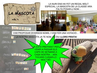 LA NURI ENS HA FET UN REGAL MOLT
ESPECIAL; LA MASCOTA DE LA CLASSE! ARA
FALTA POSAR-LI NOM…
LA MASCOTA
VAM PROPOSAR DIVERSOS NOMS, I VAM FER UNA VOTACIÓ…
JA ESTÀ PREPARAT PER
VENIR A PASSAR ELS
CAPS DE SETMANA A
CASA NOSTRA… ARA
TOCARÀ CUIDAR-LO
MOLT BÉ!
LA NOSTRA MASCOTA JA TE NOM, ES DIU LLORO PIRATA!
 