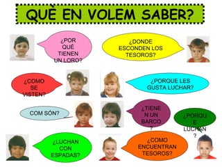 QUÈ EN VOLEM SABER?
¿LUCHAN
CON
ESPADAS?
¿COMO
ENCUENTRAN
TESOROS?
¿PORQU
E
LUCHAN
?
¿POR
QUÉ
TIENEN
UN LORO?
¿DONDE
ESCONDEN LOS
TESOROS?
¿COMO
SE
VISTEN?
COM SÓN?
¿PORQUE LES
GUSTA LUCHAR?
¿TIENE
N UN
BARCO
?
 