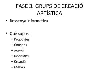 FASE 3. GRUPS DE CREACIÓ
ARTÍSTICA
• Ressenya informativa
• Què suposa
– Propostes
– Consens
– Acords
– Decisions
– Creació
– Millora
 