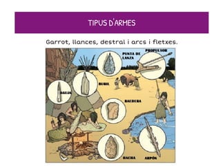 Garrot, llances, destral i arcs i fletxes.
TIPUS D'ARMES
 