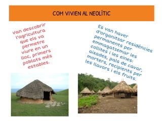 Es van haver
d'organitzar residències
permanents per
emmagatzemar les
collites i les eines:
aixades, pals de cavar,
morters, recipients per
les llavors i els fruits.
COM VIVIEN AL NEOLÍTIC
Van descobrir
l'agricultura
que els va
permetre
viure en un
lloc, primers
poblats més
estables.
 