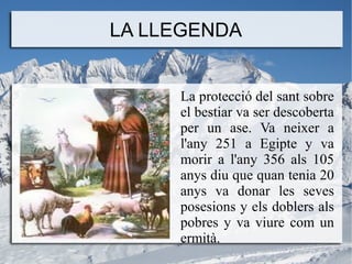 LA LLEGENDA
La protecció del sant sobre
el bestiar va ser descoberta
per un ase. Va neixer a
l'any 251 a Egipte y va
morir a l'any 356 als 105
anys diu que quan tenia 20
anys va donar les seves
posesions y els doblers als
pobres y va viure com un
ermità.

 