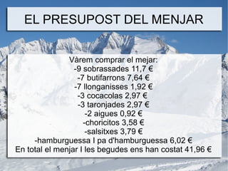 EL PRESUPOST DEL MENJAR
Vàrem comprar el mejar:
-9 sobrassades 11,7 €
-7 butifarrons 7,64 €
-7 llonganisses 1,92 €
-3 cocacolas 2,97 €
-3 taronjades 2,97 €
-2 aigues 0,92 €
-choricitos 3,58 €
-salsitxes 3,79 €
-hamburguessa I pa d'hamburguessa 6,02 €
En total el menjar I les begudes ens han costat 41,96 €

 