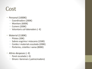 Cost
• Personal (1000€)
• Coordinadors (200€)
• Monitors (600€)
• Cuiners (200€)
• Voluntaris col·laboradors (- €)
• Material (1180€)
• Pilotes (30€)
• Sabres esgrima i màscares (150€)
• Cordes i materials escalada (200€)
• Porteries, cistelles i xarxa (800€)
• Altres despeses (- €)
• Paret escalada (- €)
• Dinars i berenars ( patrocinadors)
 