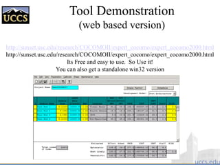 Tool Demonstration
(web based version)
http://sunset.usc.edu/research/COCOMOII/expert_cocomo/expert_cocomo2000.html
http://sunset.usc.edu/research/COCOMOII/expert_cocomo/expert_cocomo2000.html
Its Free and easy to use. So Use it!
You can also get a standalone win32 version
 