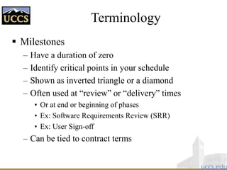Terminology
 Milestones
– Have a duration of zero
– Identify critical points in your schedule
– Shown as inverted triangle or a diamond
– Often used at “review” or “delivery” times
• Or at end or beginning of phases
• Ex: Software Requirements Review (SRR)
• Ex: User Sign-off
– Can be tied to contract terms
 