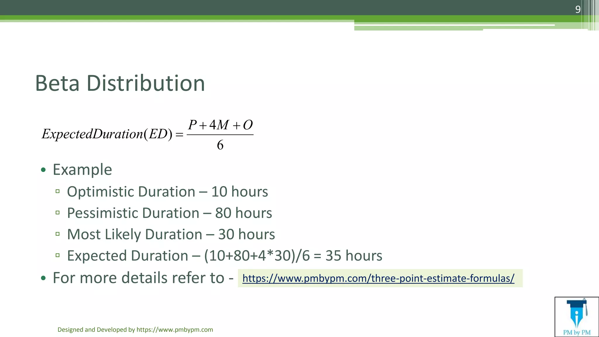 Beta Distribution
• Example
▫ Optimistic Duration – 10 hours
▫ Pessimistic Duration – 80 hours
▫ Most Likely Duration – 30 hours
▫ Expected Duration – (10+80+4*30)/6 = 35 hours
• For more details refer to -
Designed and Developed by https://www.pmbypm.com
9
https://www.pmbypm.com/three-point-estimate-formulas/
6
4
)(
OMP
EDrationExpectedDu


 